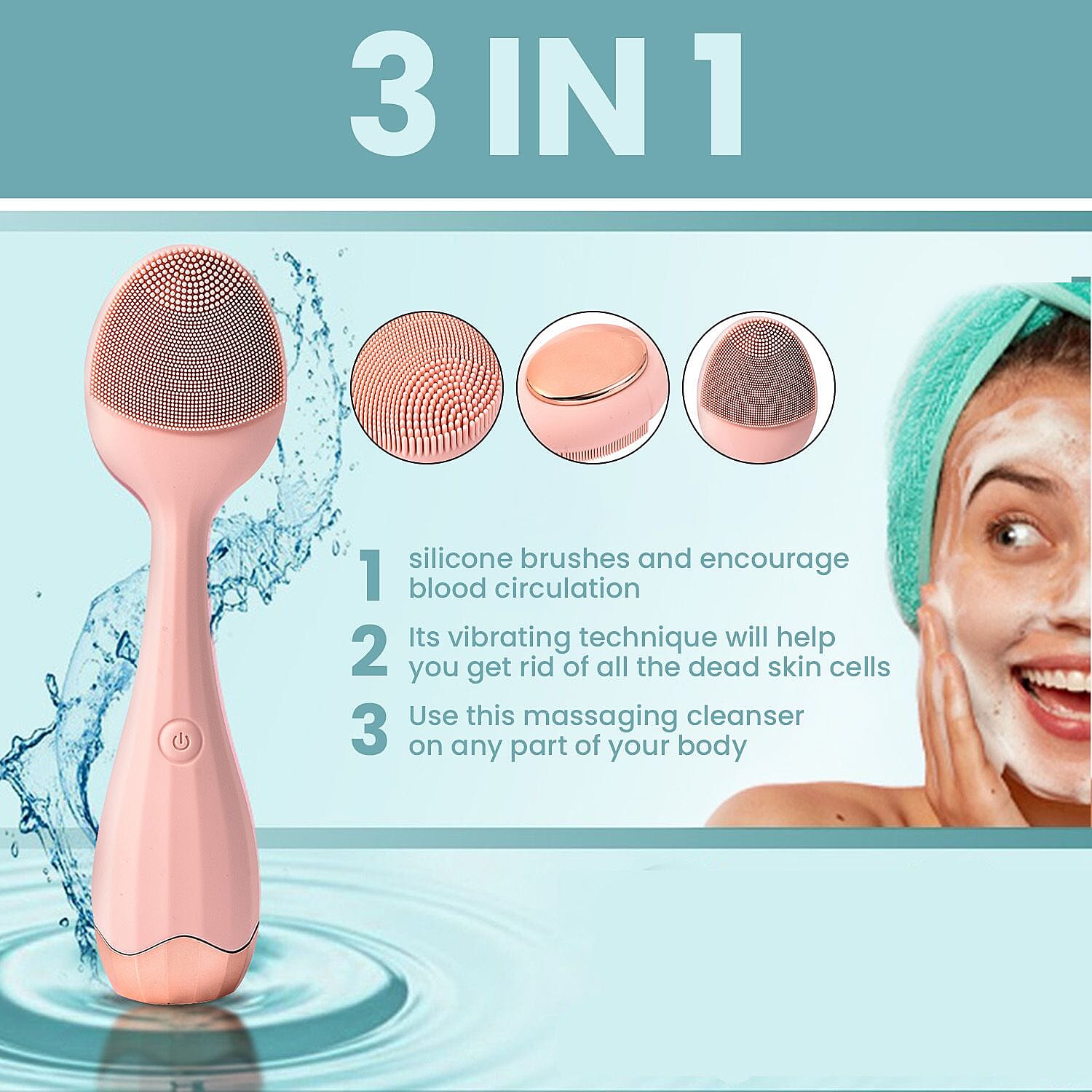 Waterproof Silicone Facial Cleansing Brush - Light Pink (with 4 Speeds - USB Charger)
