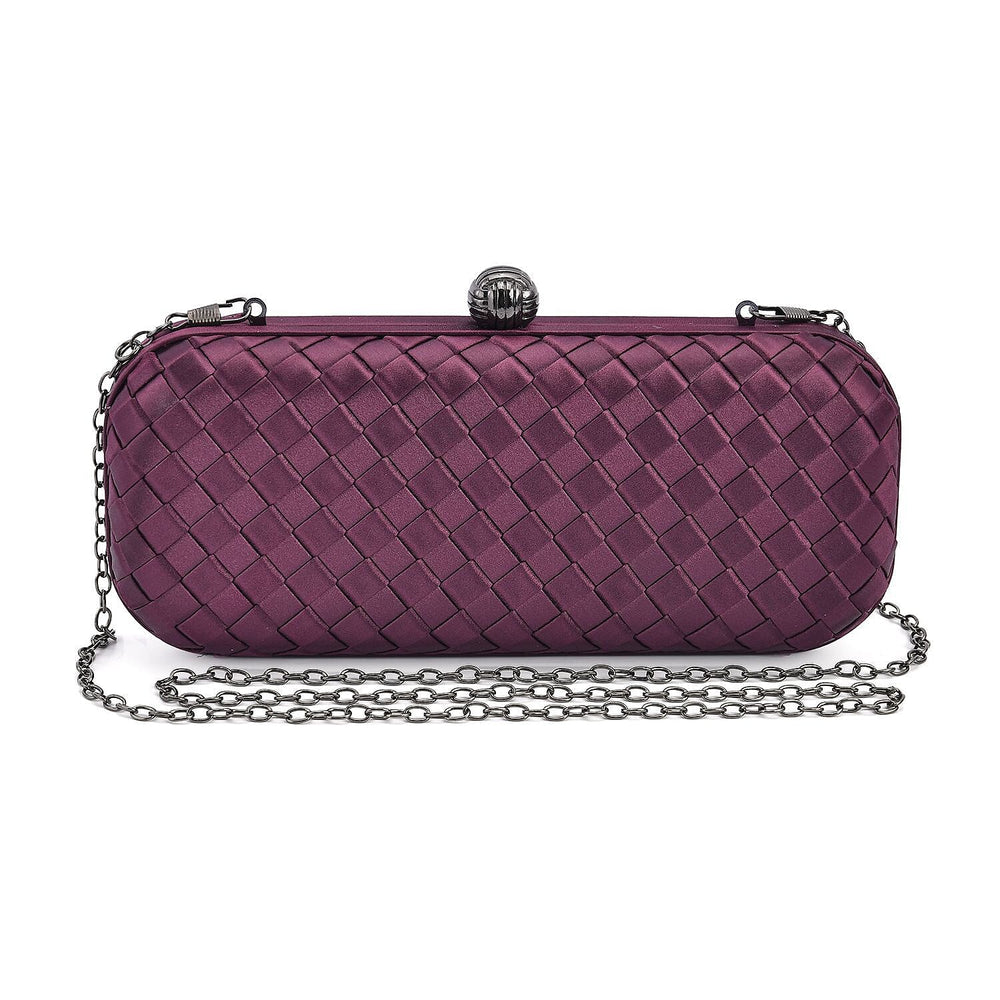 Weave Pattern Clutch Bag with Shoulder Metal Chain - Burgundy