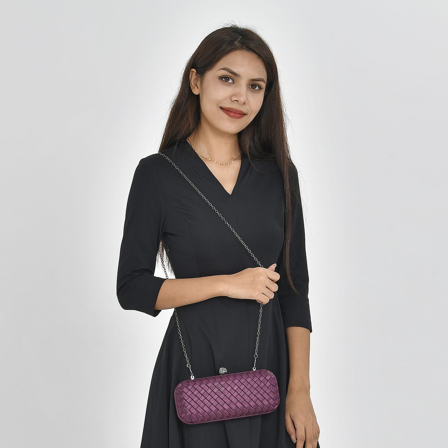 Weave Pattern Clutch Bag with Shoulder Metal Chain - Burgundy