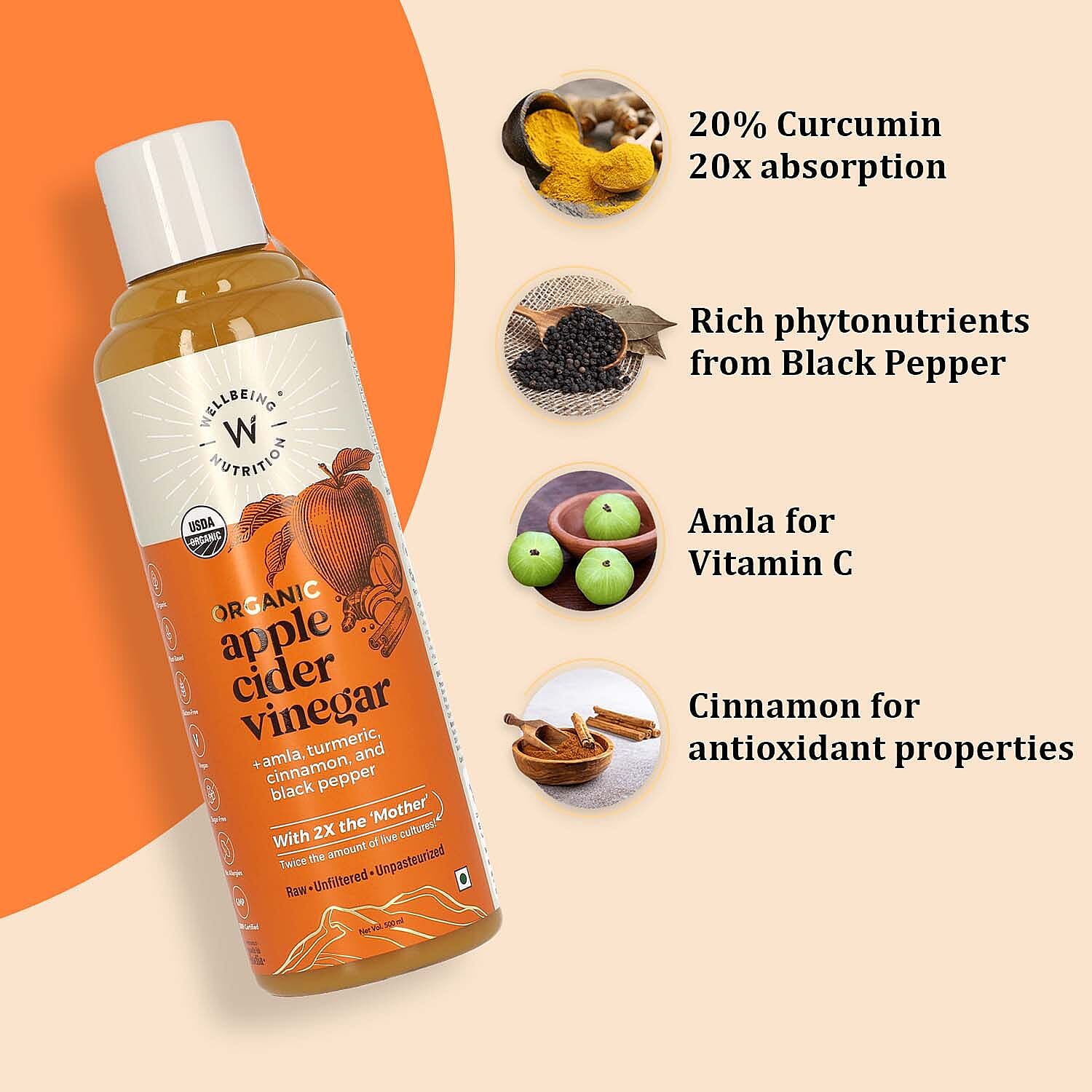 WELLBEING NUTRITION - Organic Apple Cider Vinegar - 500ml (with Turmeric)