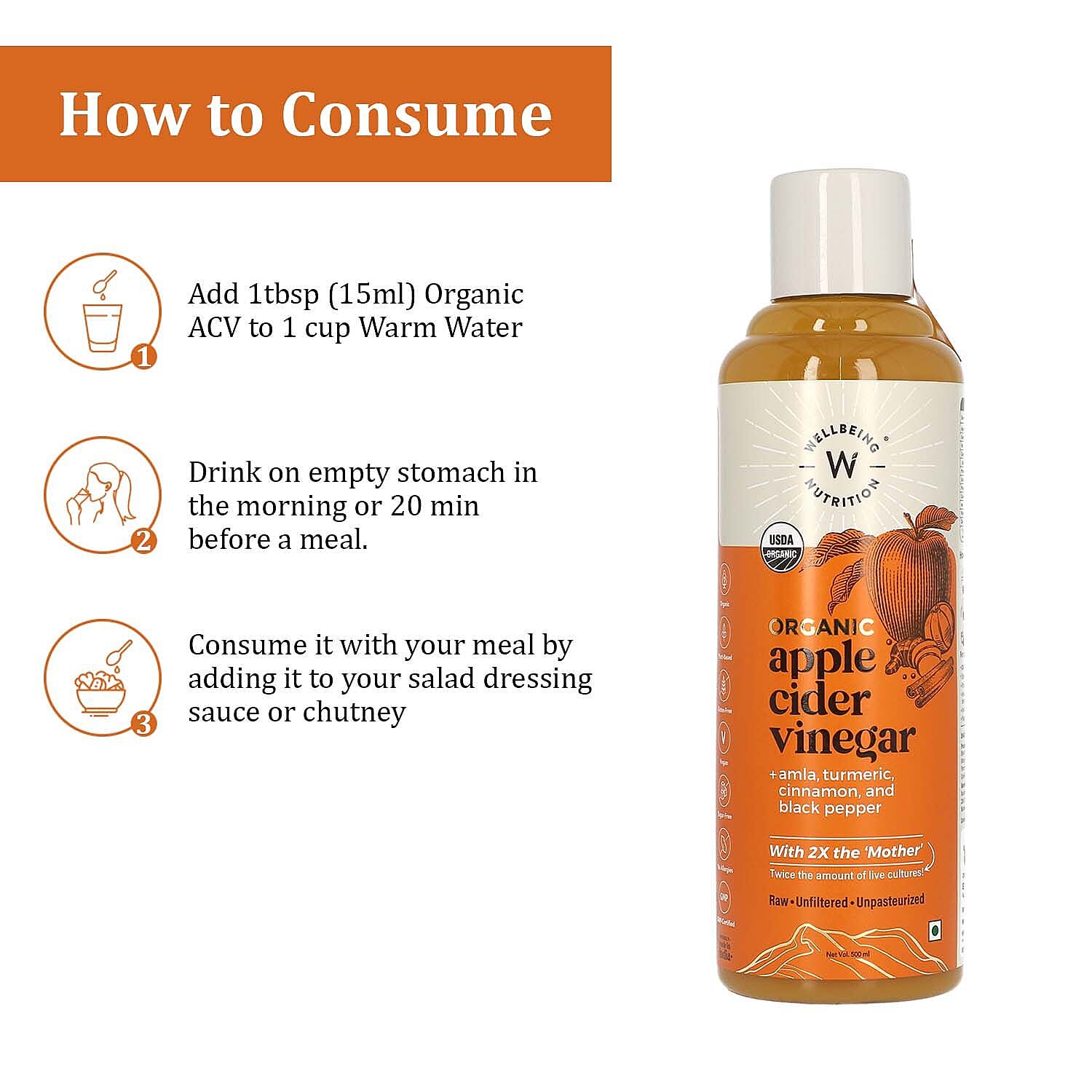 WELLBEING NUTRITION - Organic Apple Cider Vinegar - 500ml (with Turmeric)