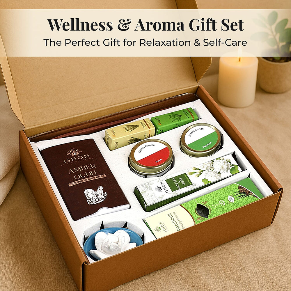Wellness & Aroma Gift Set- Room Spray, Dual Aroma Oils, Ceramic Burner & Incense Stick and Holder