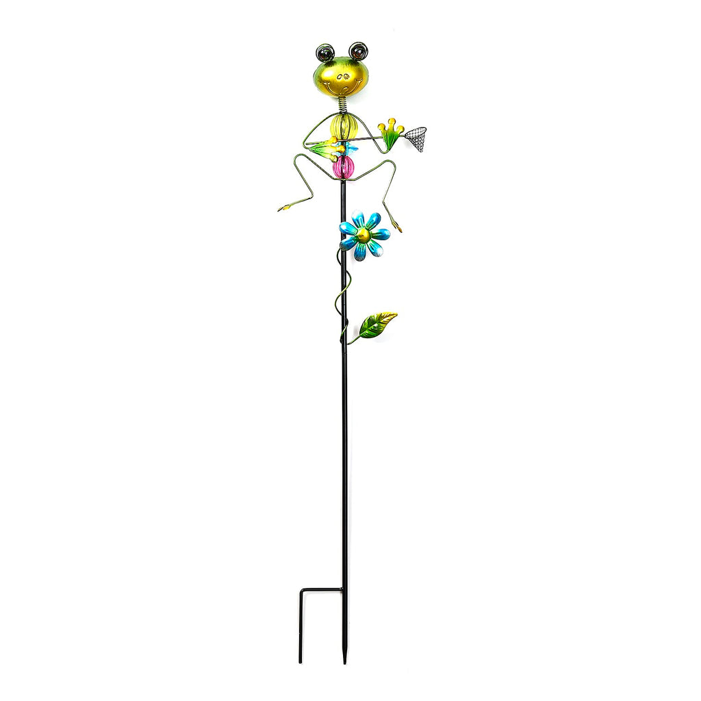 Whimsical Green Frog with Blue Rush-Up Garden Stake Decoration