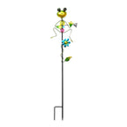 Whimsical Green Frog with Blue Rush-Up Garden Stake Decoration