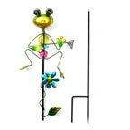 Whimsical Green Frog with Blue Rush-Up Garden Stake Decoration