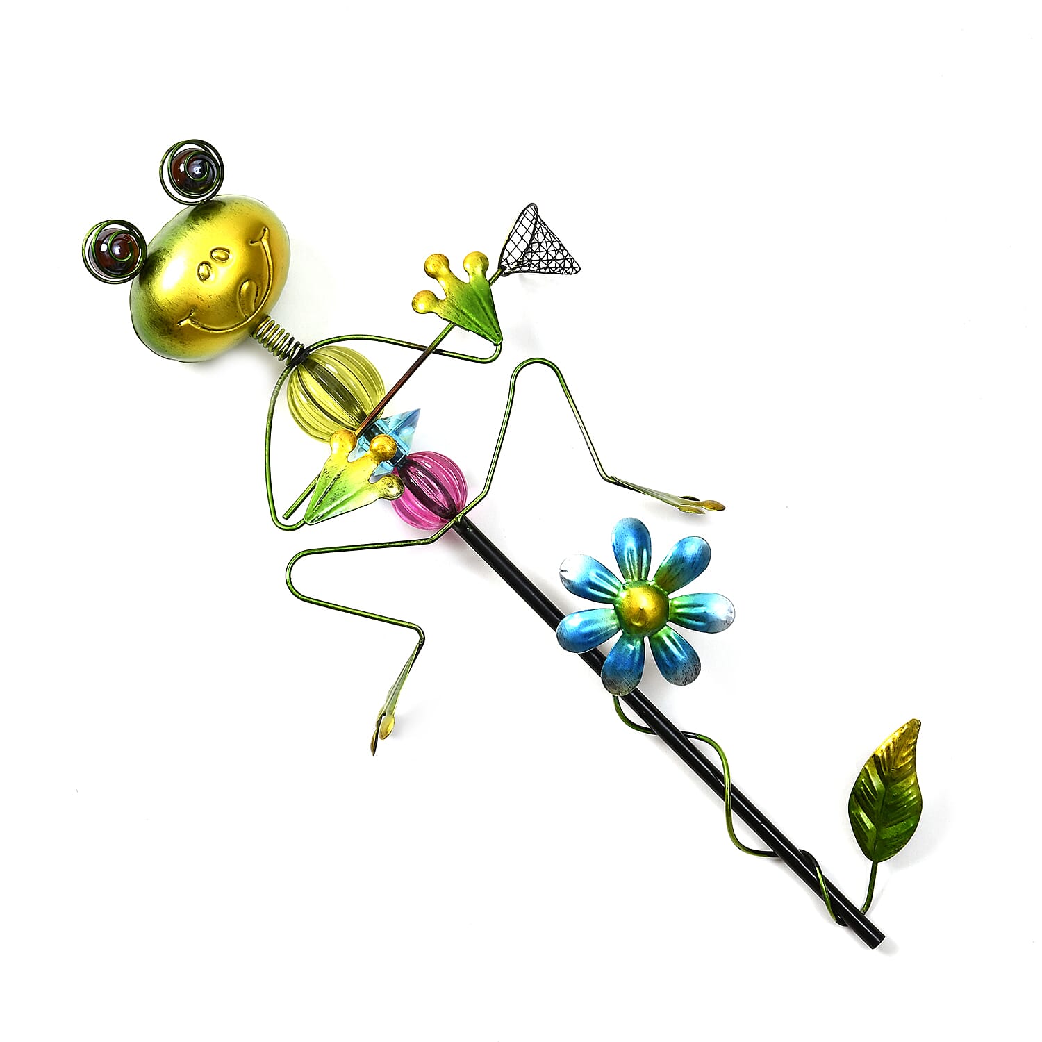 Whimsical Green Frog with Blue Rush-Up Garden Stake Decoration
