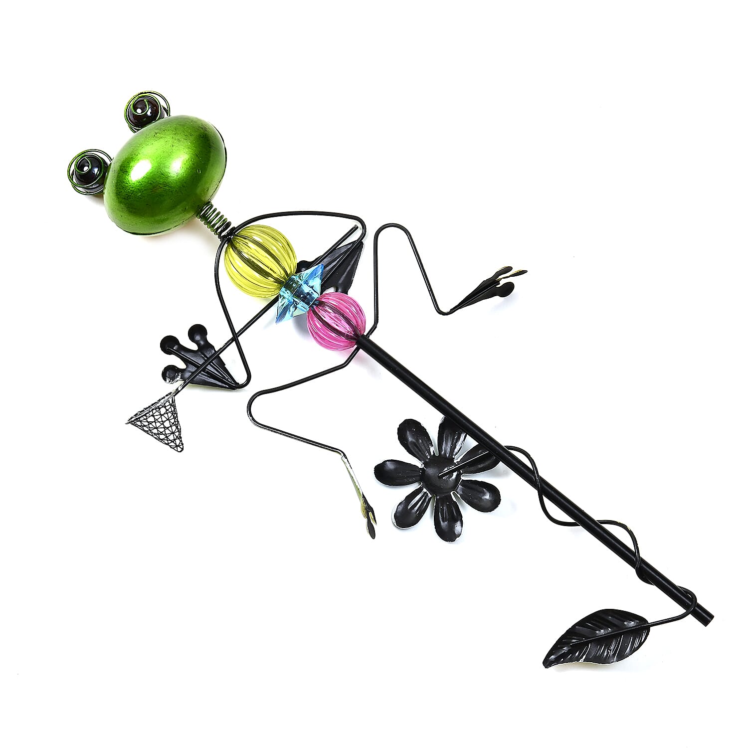 Whimsical Green Frog with Blue Rush-Up Garden Stake Decoration