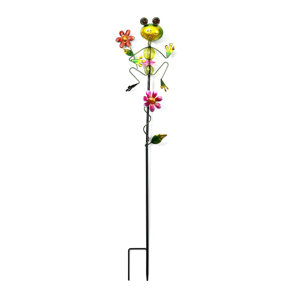Whimsical Green Frog with Red Flowers Garden Stake Decoration