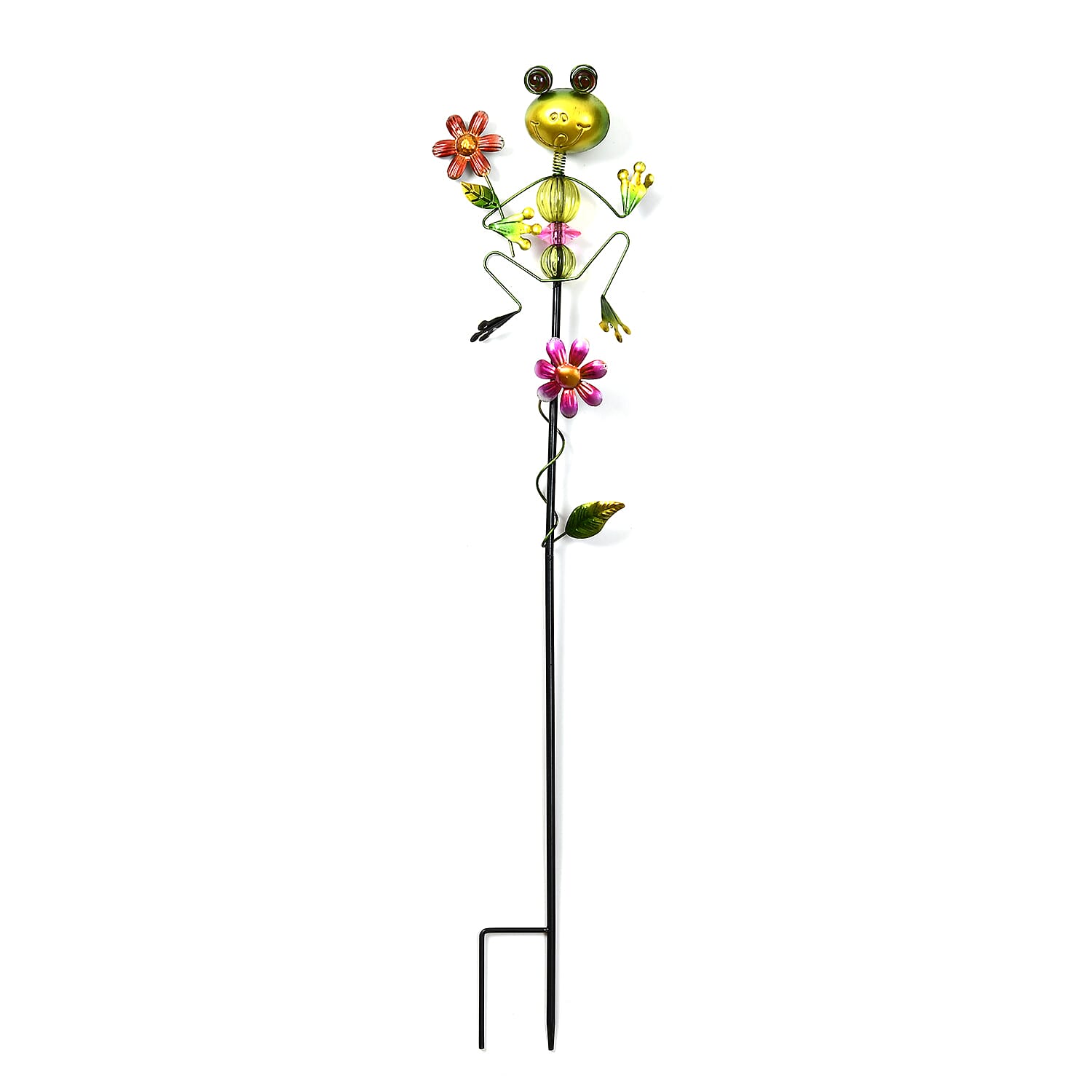 Whimsical Green Frog with Red Flowers Garden Stake Decoration