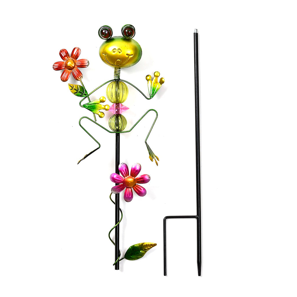 Whimsical Green Frog with Red Flowers Garden Stake Decoration