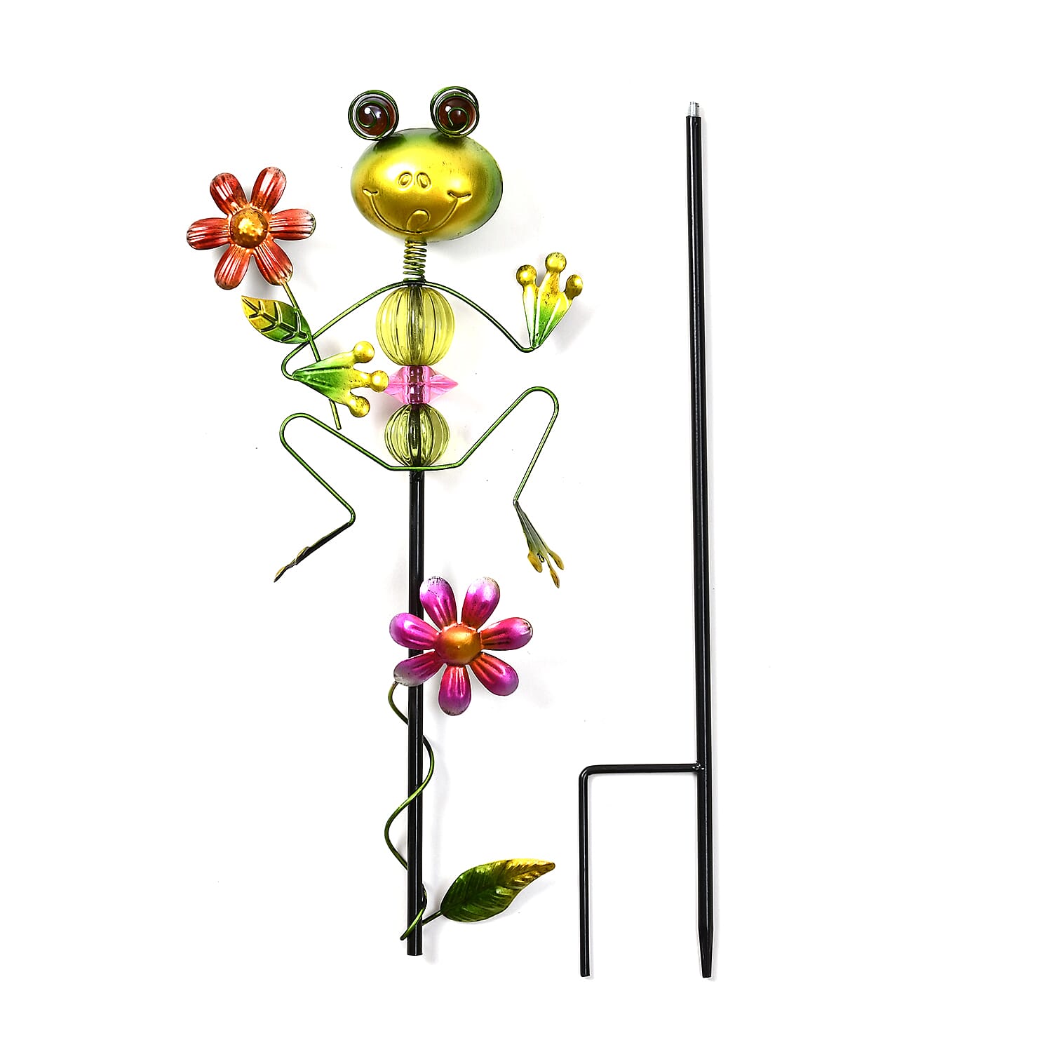 Whimsical Green Frog with Red Flowers Garden Stake Decoration