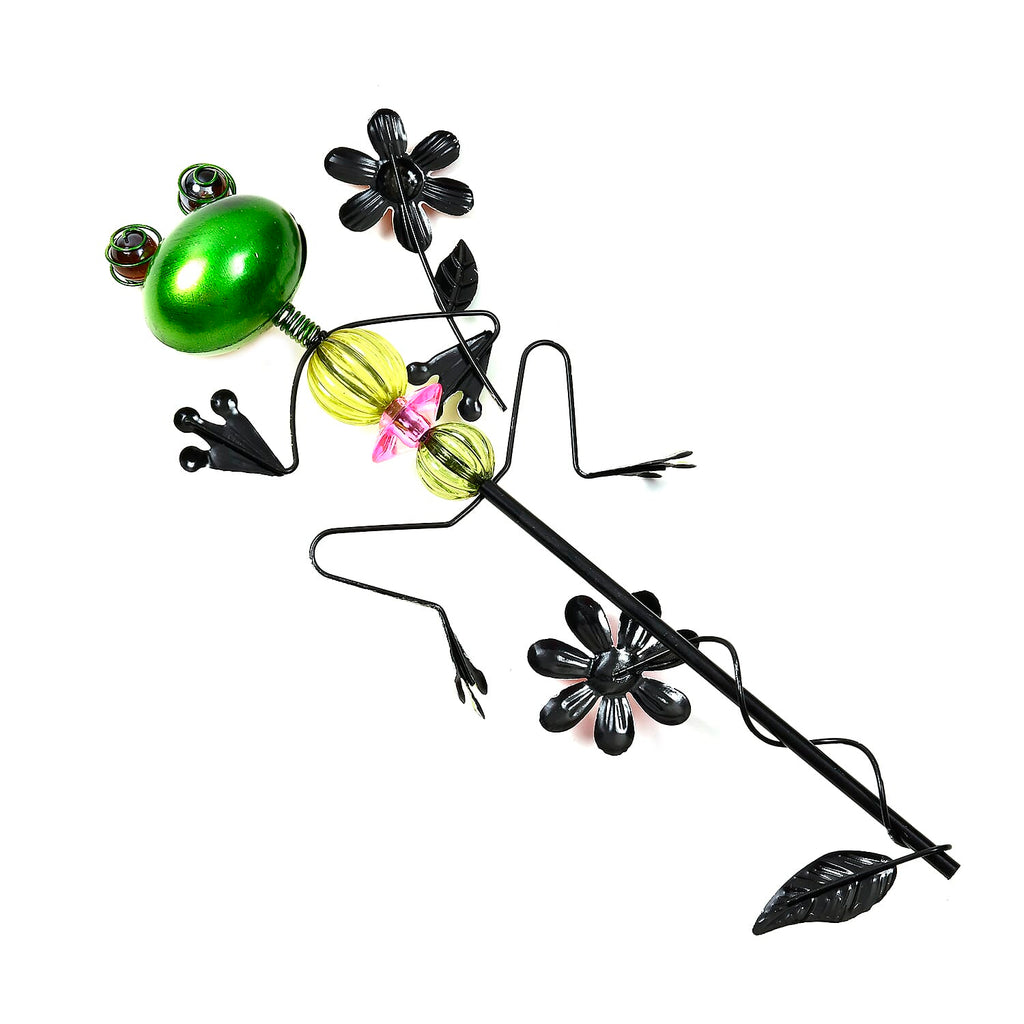 Whimsical Green Frog with Red Flowers Garden Stake Decoration