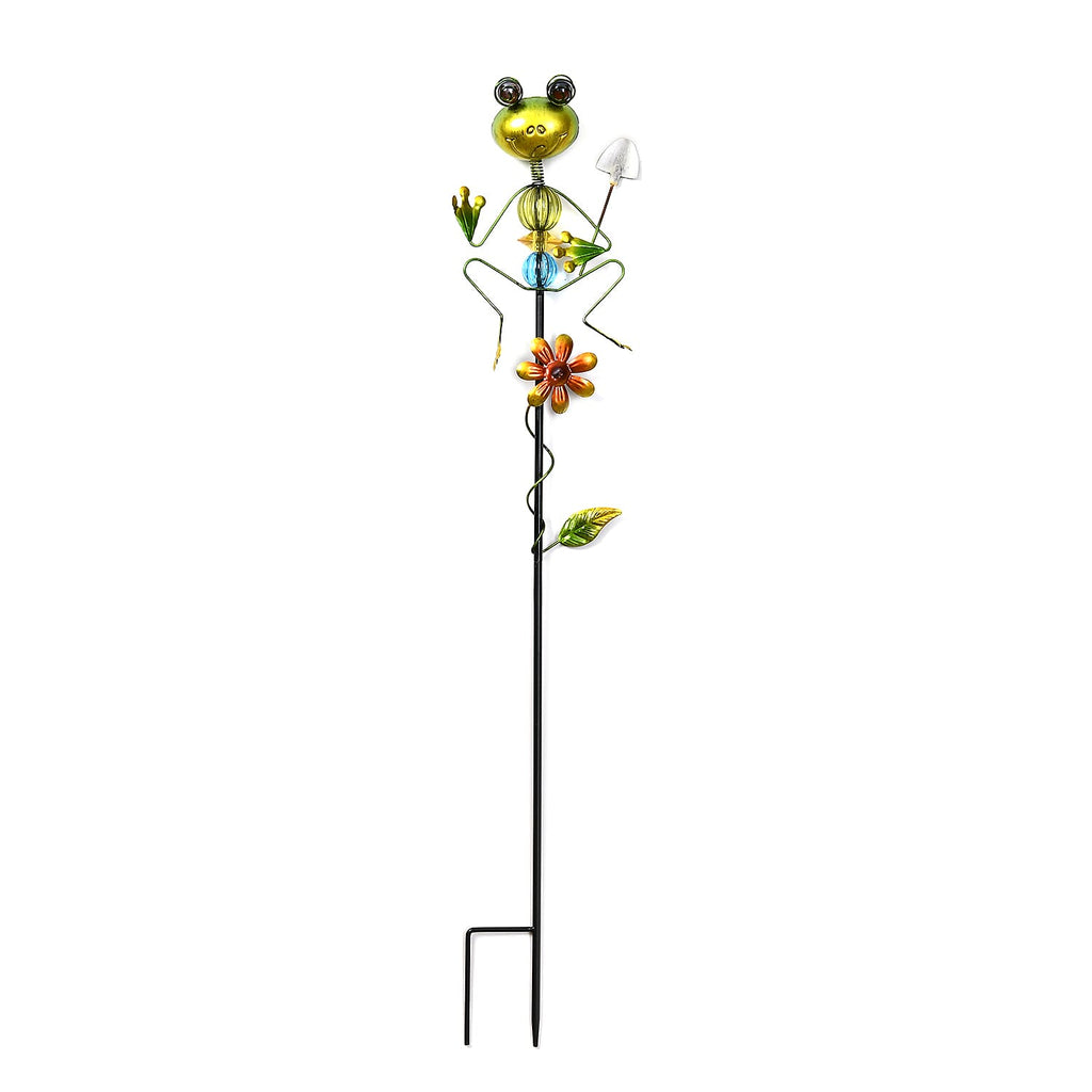 Whimsical Green Frog with Red Shovel Garden Stake Decoration