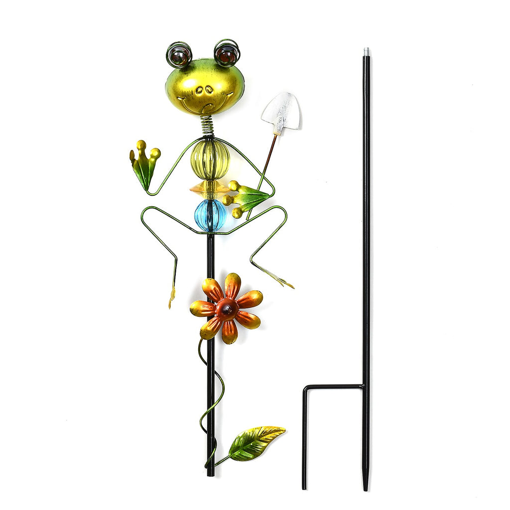 Whimsical Green Frog with Red Shovel Garden Stake Decoration
