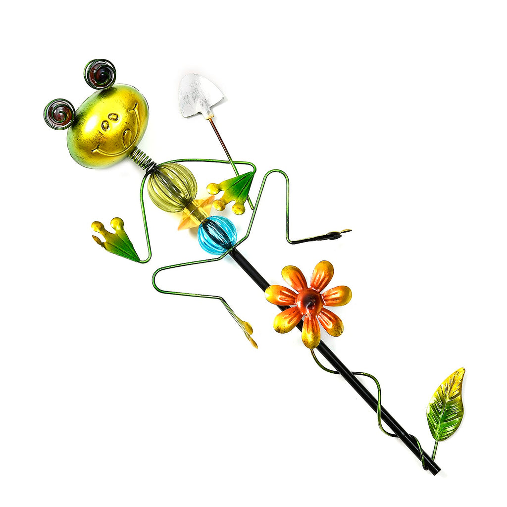 Whimsical Green Frog with Red Shovel Garden Stake Decoration
