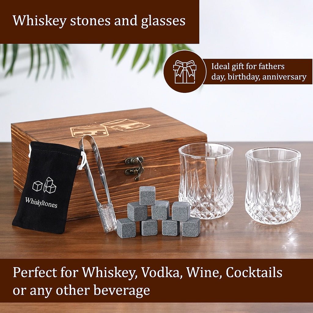 Whiskey Granite Stones and 2 Glasses Gift Set - Brown