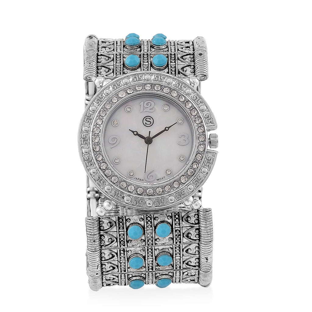 STRADA Japan Movt. Water Resistant White Dial Crystal Studded Watch with Blue Bracelet
