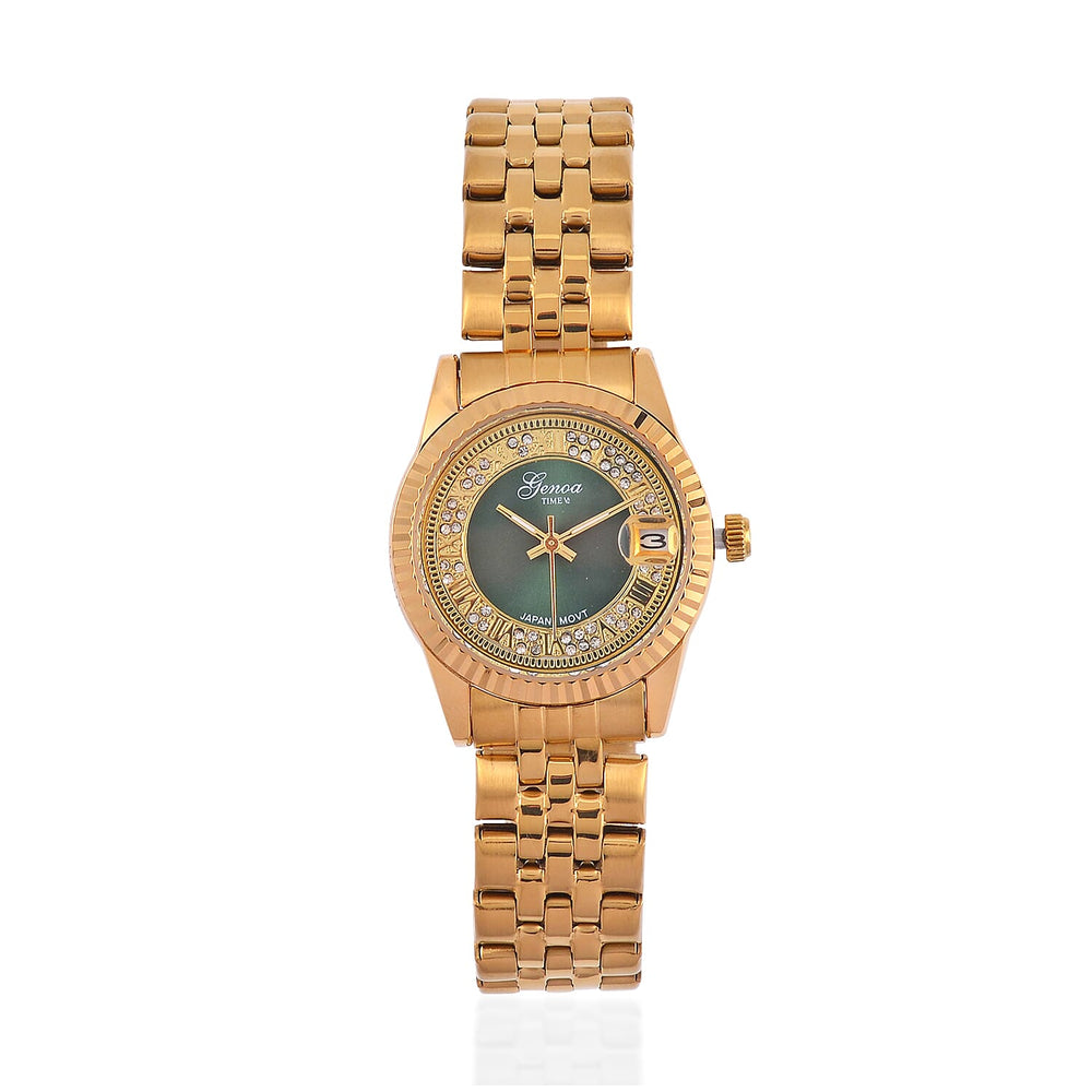 Designer Inspired - GENOA TIME V2 Japan Movt. Green Sunshine Literal Crystal Studded Dial 3 ATM WR Watch with Yellow Gold Stainless Steel Chain Strap