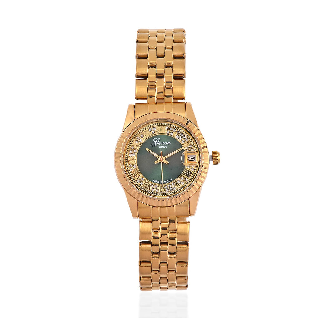 Designer Inspired - GENOA TIME V2 Japan Movt. Green Sunshine Literal Crystal Studded Dial 3 ATM WR Watch with Yellow Gold Stainless Steel Chain Strap