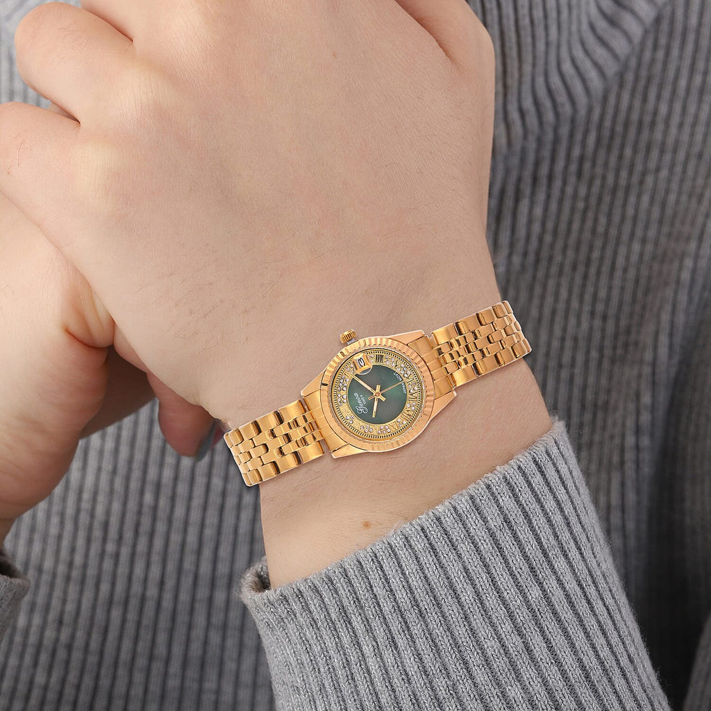 Designer Inspired - GENOA TIME V2 Japan Movt. Green Sunshine Literal Crystal Studded Dial 3 ATM WR Watch with Yellow Gold Stainless Steel Chain Strap
