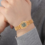Designer Inspired - GENOA TIME V2 Japan Movt. Green Sunshine Literal Crystal Studded Dial 3 ATM WR Watch with Yellow Gold Stainless Steel Chain Strap