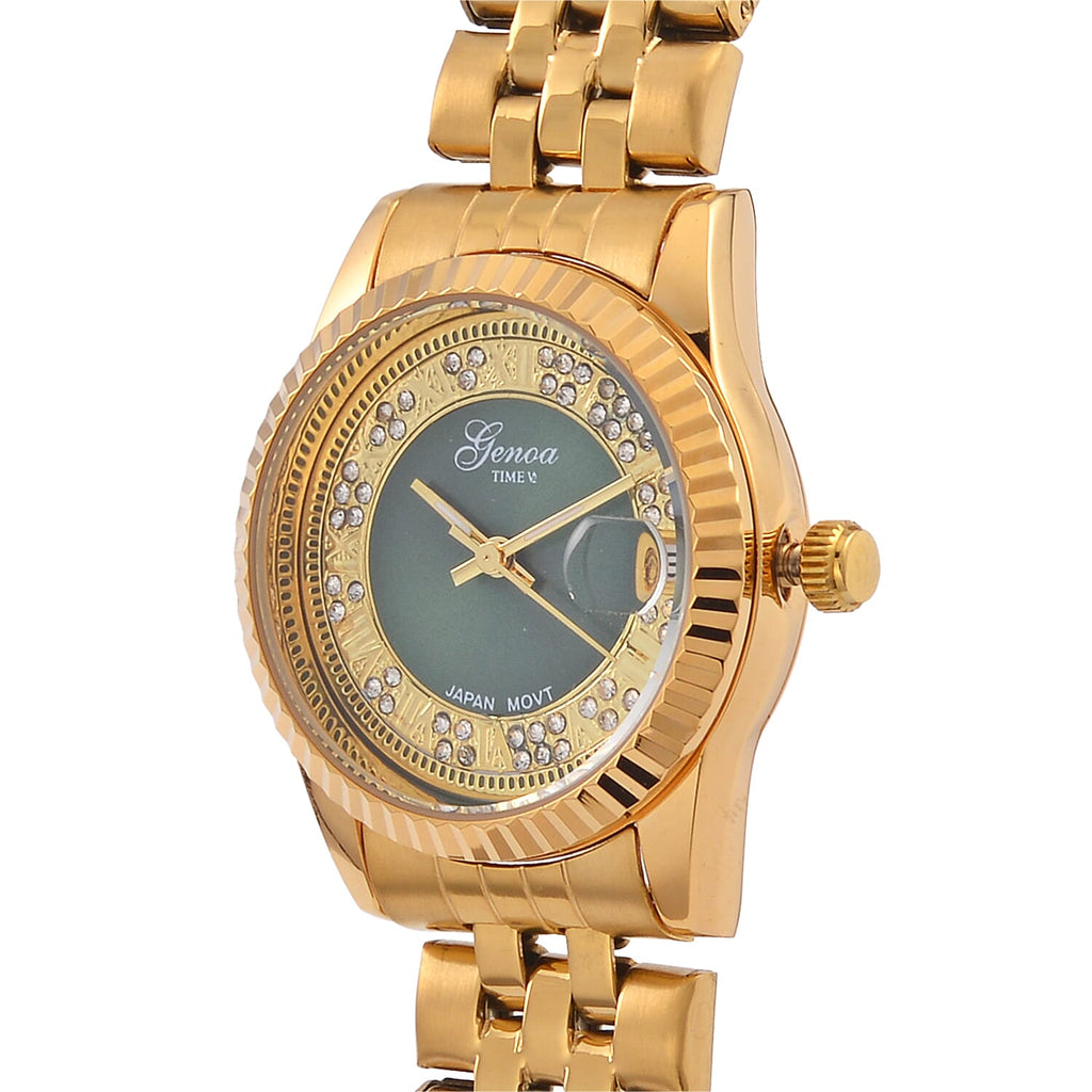 Designer Inspired - GENOA TIME V2 Japan Movt. Green Sunshine Literal Crystal Studded Dial 3 ATM WR Watch with Yellow Gold Stainless Steel Chain Strap