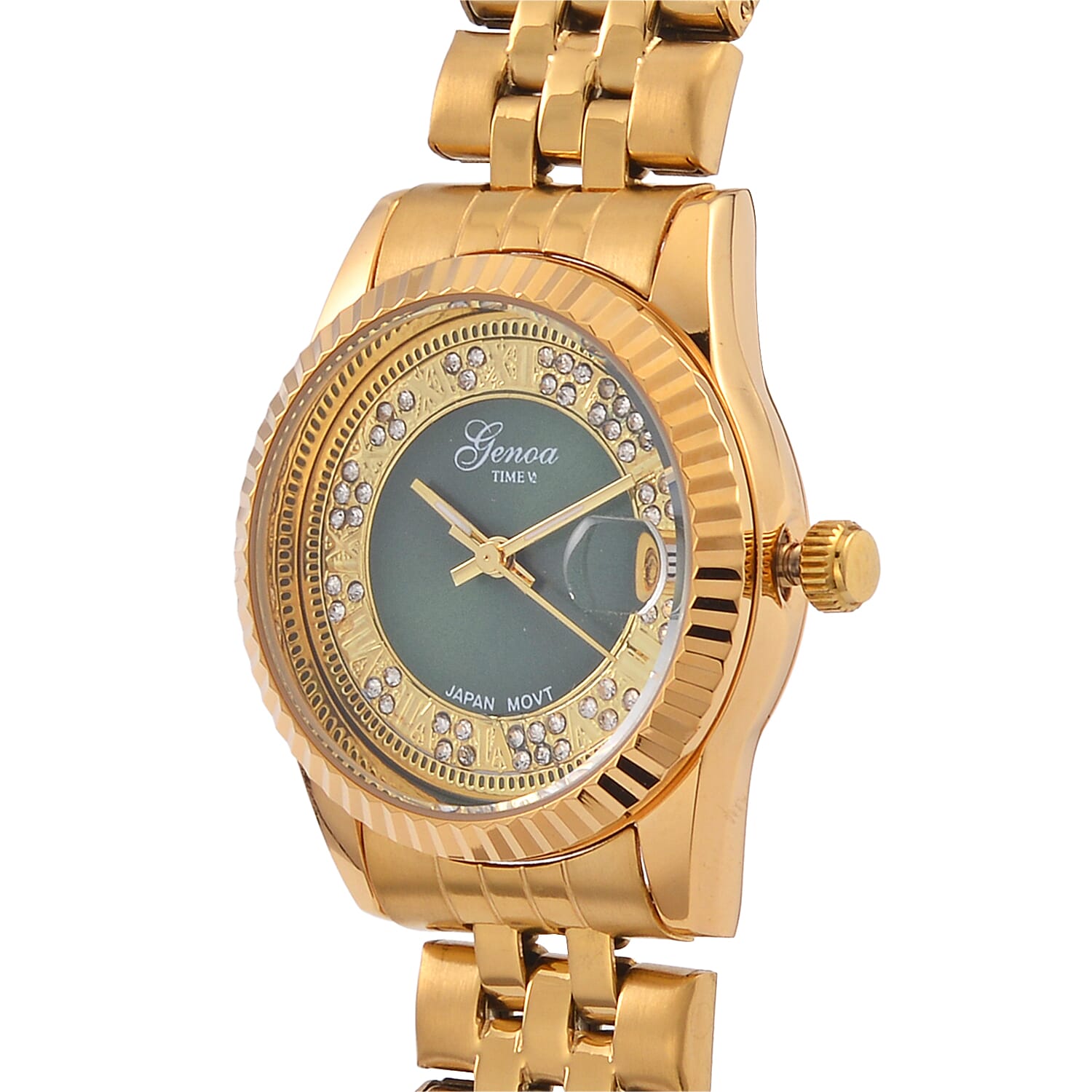 Designer Inspired - GENOA TIME V2 Japan Movt. Green Sunshine Literal Crystal Studded Dial 3 ATM WR Watch with Yellow Gold Stainless Steel Chain Strap