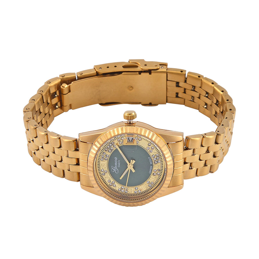 Designer Inspired - GENOA TIME V2 Japan Movt. Green Sunshine Literal Crystal Studded Dial 3 ATM WR Watch with Yellow Gold Stainless Steel Chain Strap