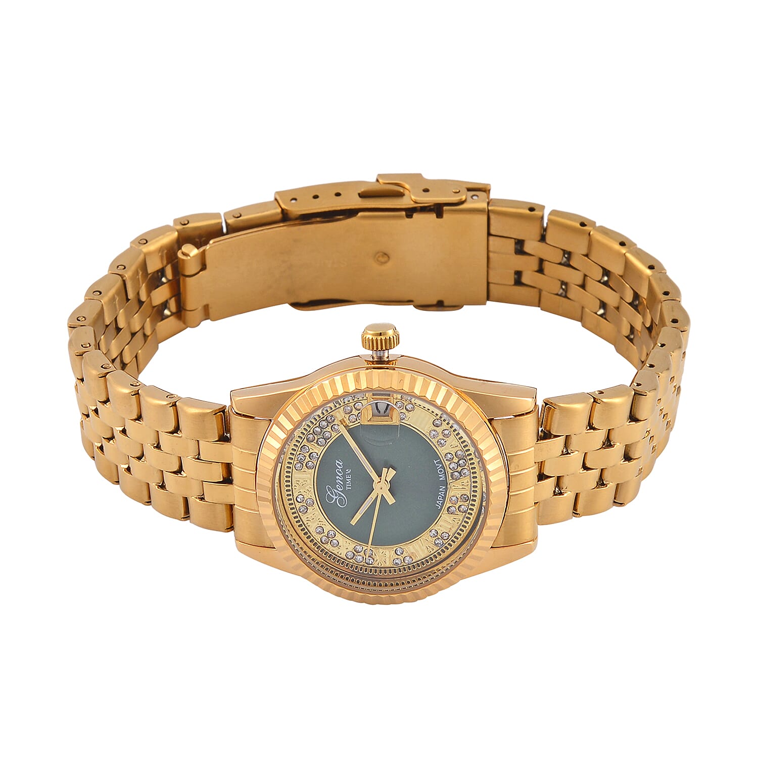 Designer Inspired - GENOA TIME V2 Japan Movt. Green Sunshine Literal Crystal Studded Dial 3 ATM WR Watch with Yellow Gold Stainless Steel Chain Strap
