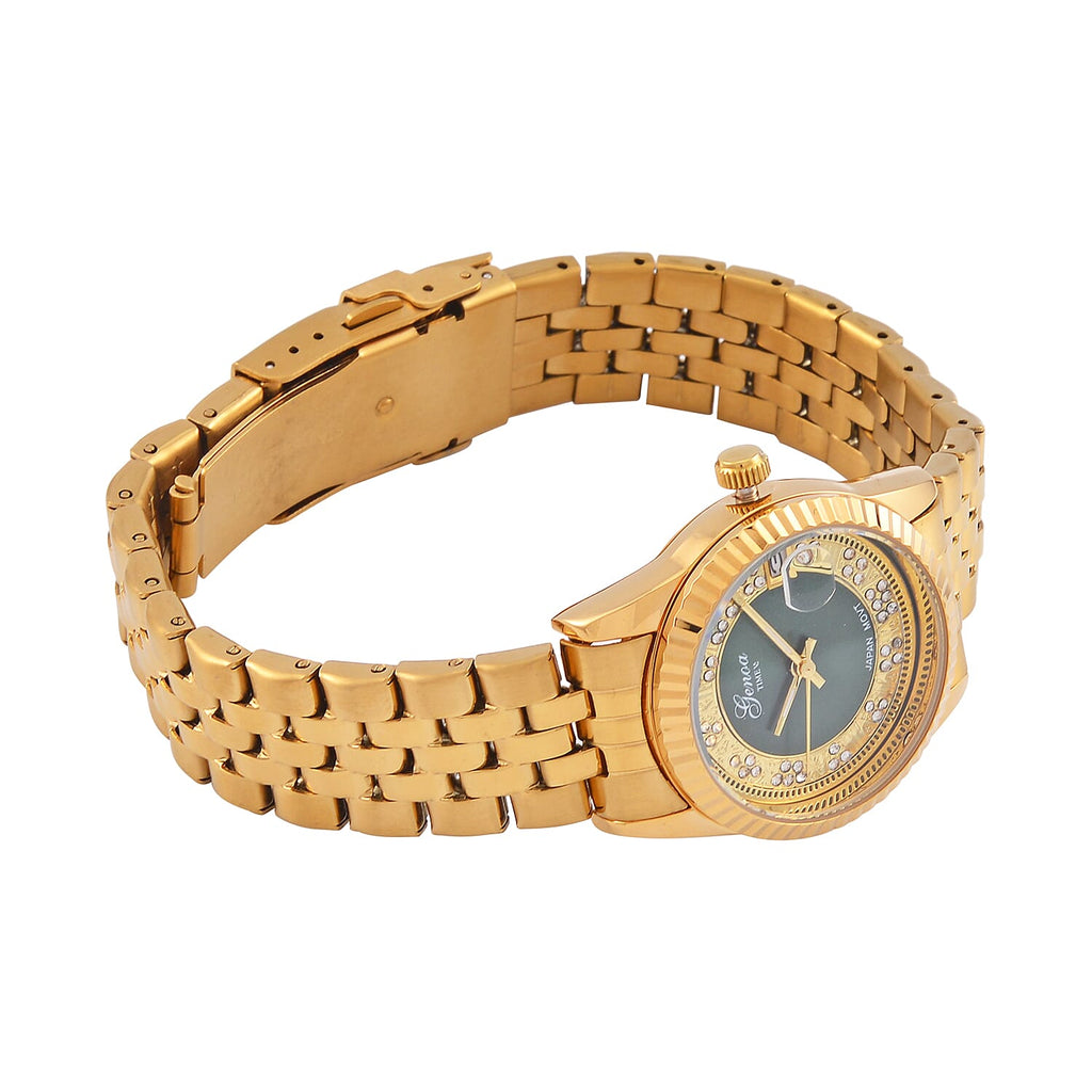 Designer Inspired - GENOA TIME V2 Japan Movt. Green Sunshine Literal Crystal Studded Dial 3 ATM WR Watch with Yellow Gold Stainless Steel Chain Strap