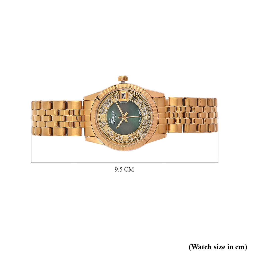 Designer Inspired - GENOA TIME V2 Japan Movt. Green Sunshine Literal Crystal Studded Dial 3 ATM WR Watch with Yellow Gold Stainless Steel Chain Strap