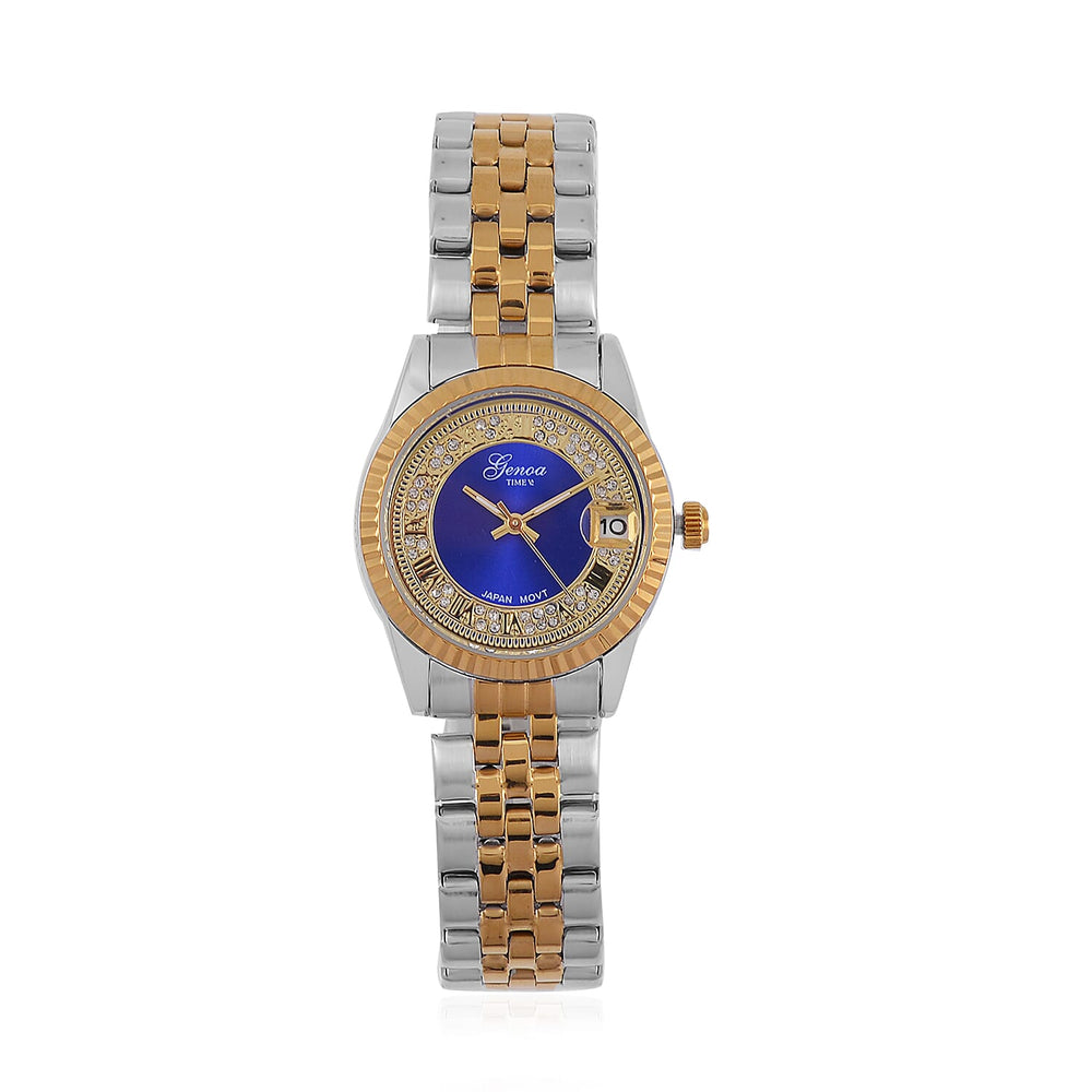 Designer Inspired - GENOA TIME V2 Japan Movt. Blue Sunshine Literal Crystal Studded Dial 3 ATM WR Watch with Stainless Steel Chain Strap in Dual Tone