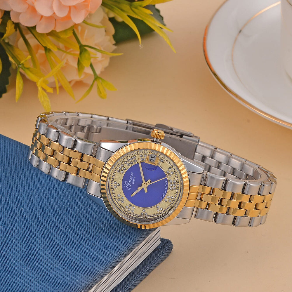 Designer Inspired - GENOA TIME V2 Japan Movt. Blue Sunshine Literal Crystal Studded Dial 3 ATM WR Watch with Stainless Steel Chain Strap in Dual Tone
