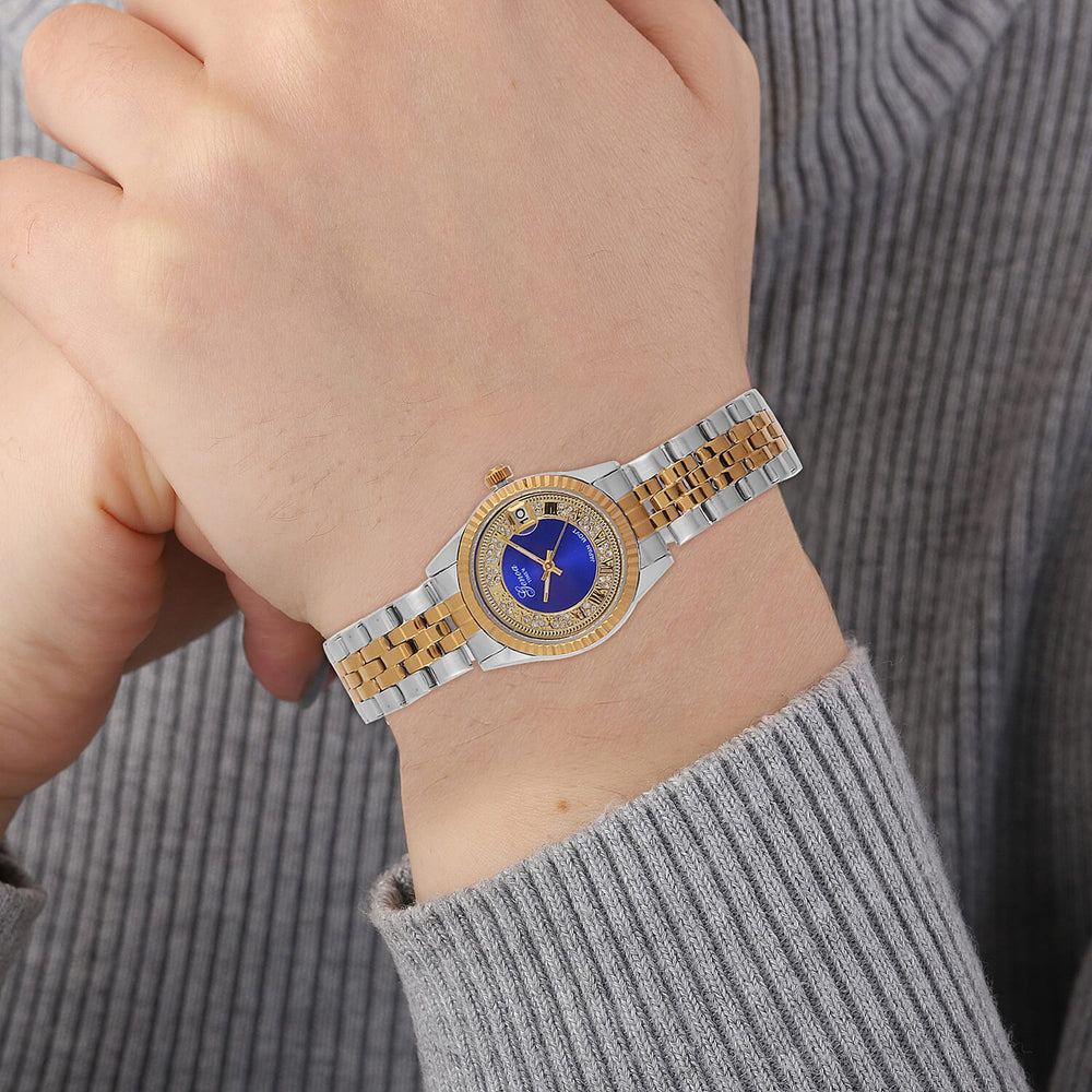 Designer Inspired - GENOA TIME V2 Japan Movt. Blue Sunshine Literal Crystal Studded Dial 3 ATM WR Watch with Stainless Steel Chain Strap in Dual Tone