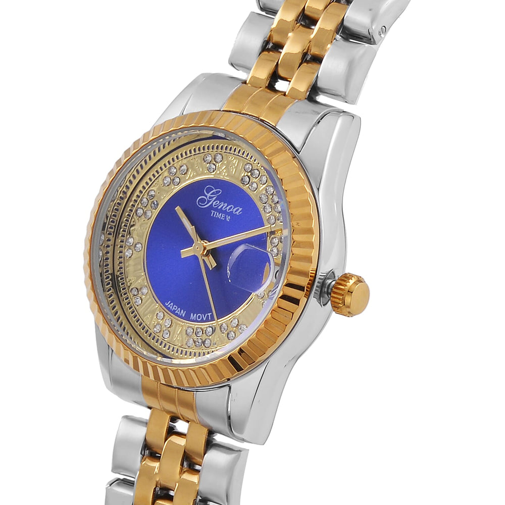 Designer Inspired - GENOA TIME V2 Japan Movt. Blue Sunshine Literal Crystal Studded Dial 3 ATM WR Watch with Stainless Steel Chain Strap in Dual Tone
