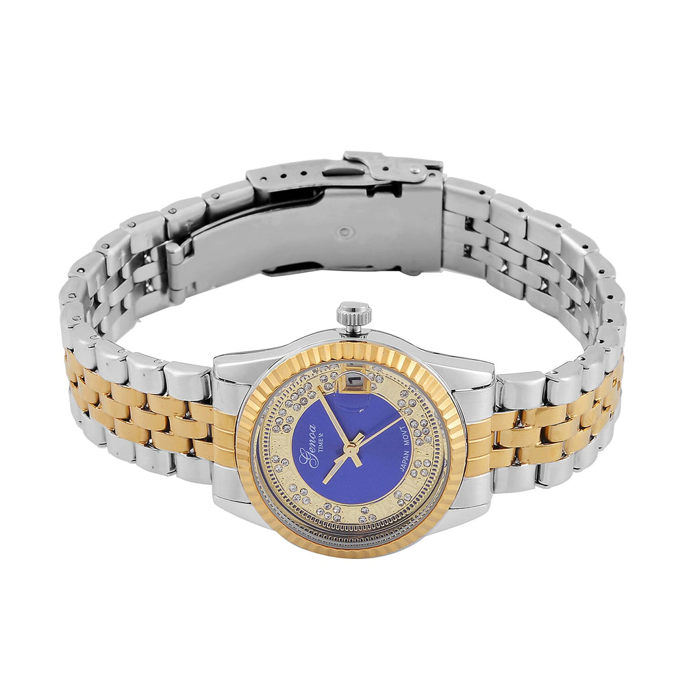 Designer Inspired - GENOA TIME V2 Japan Movt. Blue Sunshine Literal Crystal Studded Dial 3 ATM WR Watch with Stainless Steel Chain Strap in Dual Tone