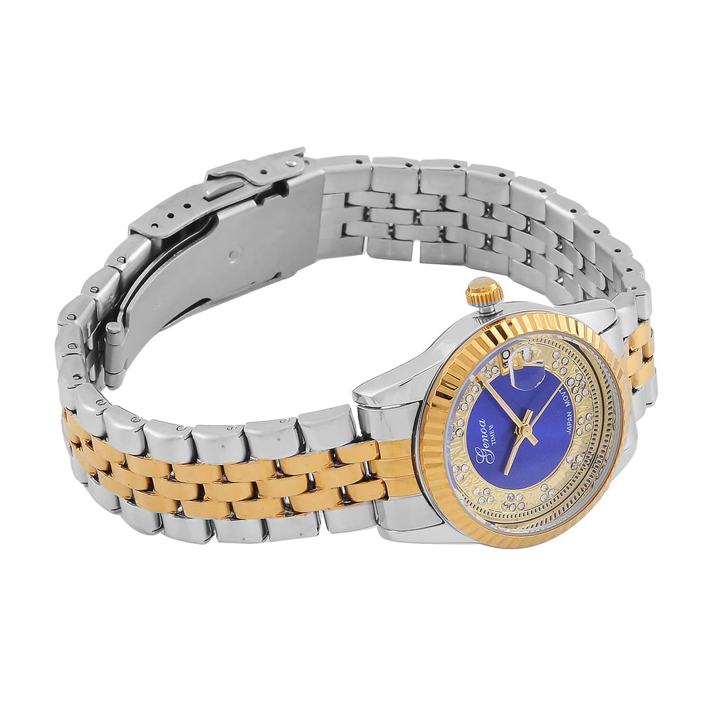 Designer Inspired - GENOA TIME V2 Japan Movt. Blue Sunshine Literal Crystal Studded Dial 3 ATM WR Watch with Stainless Steel Chain Strap in Dual Tone
