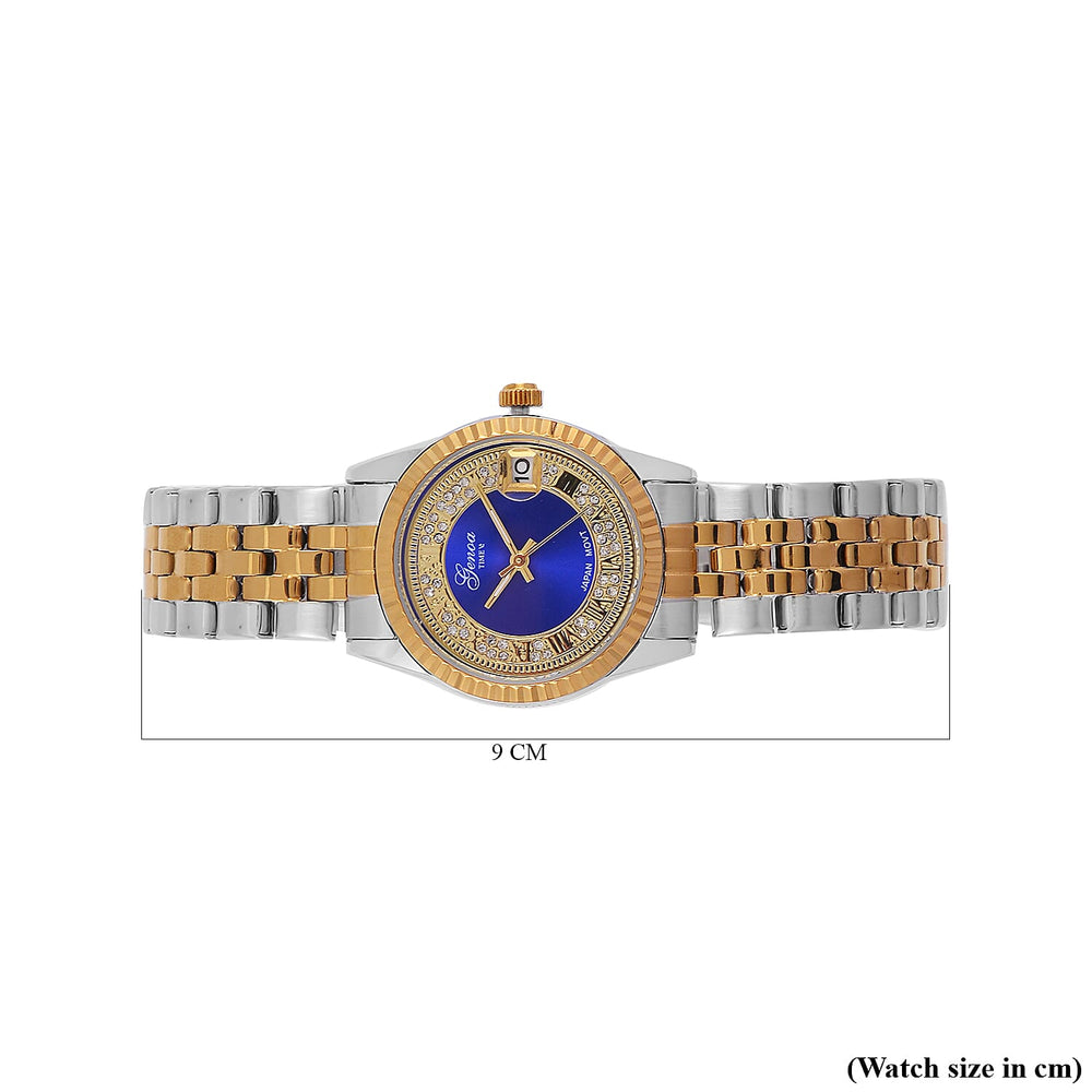 Designer Inspired - GENOA TIME V2 Japan Movt. Blue Sunshine Literal Crystal Studded Dial 3 ATM WR Watch with Stainless Steel Chain Strap in Dual Tone