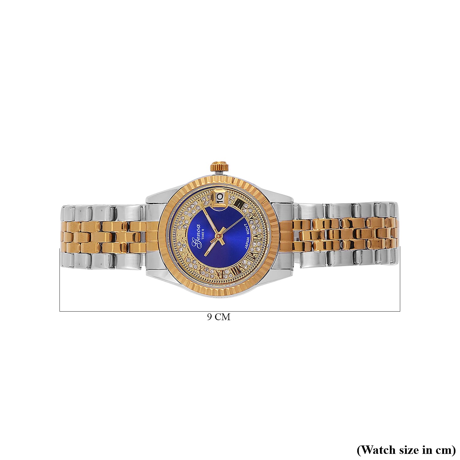 Designer Inspired - GENOA TIME V2 Japan Movt. Blue Sunshine Literal Crystal Studded Dial 3 ATM WR Watch with Stainless Steel Chain Strap in Dual Tone