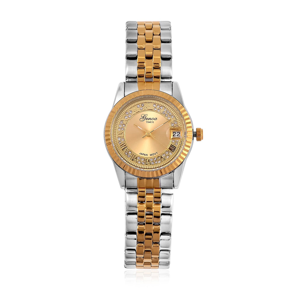 Designer Inspired- GENOA TIME V2 Japan Movt. Gold Sunshine Literal Crystal Studded Dial 3 ATM WR Watch with Stainless Steel Chain Strap in Dual Tone