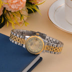 Designer Inspired- GENOA TIME V2 Japan Movt. Gold Sunshine Literal Crystal Studded Dial 3 ATM WR Watch with Stainless Steel Chain Strap in Dual Tone