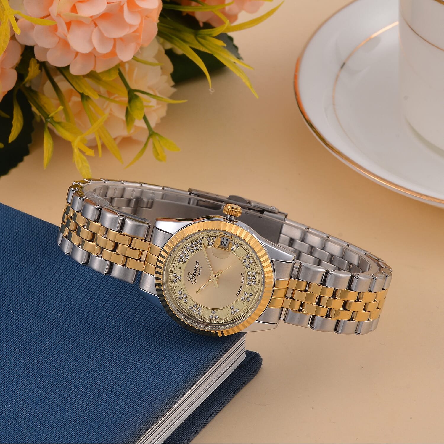 Designer Inspired- GENOA TIME V2 Japan Movt. Gold Sunshine Literal Crystal Studded Dial 3 ATM WR Watch with Stainless Steel Chain Strap in Dual Tone