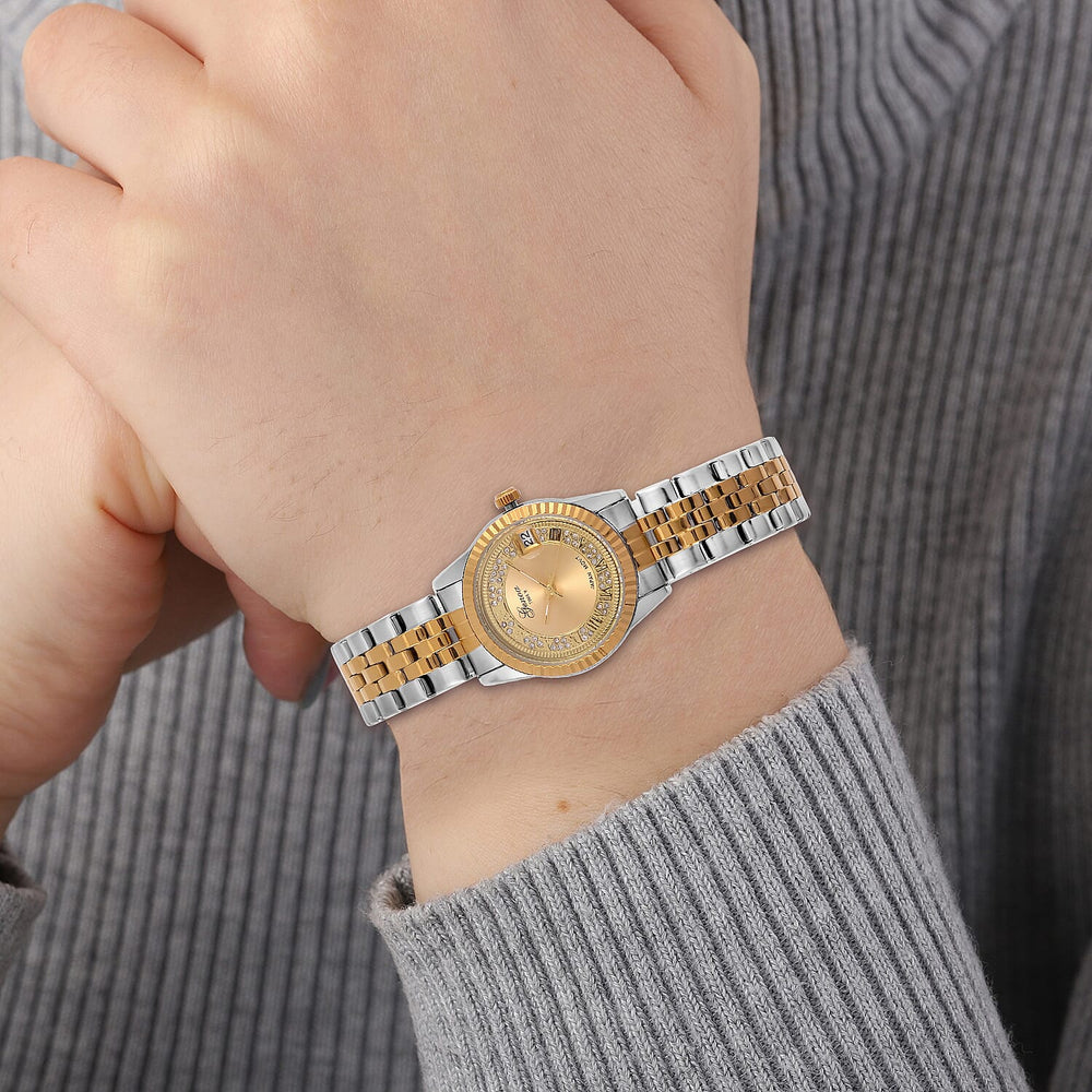 Designer Inspired- GENOA TIME V2 Japan Movt. Gold Sunshine Literal Crystal Studded Dial 3 ATM WR Watch with Stainless Steel Chain Strap in Dual Tone