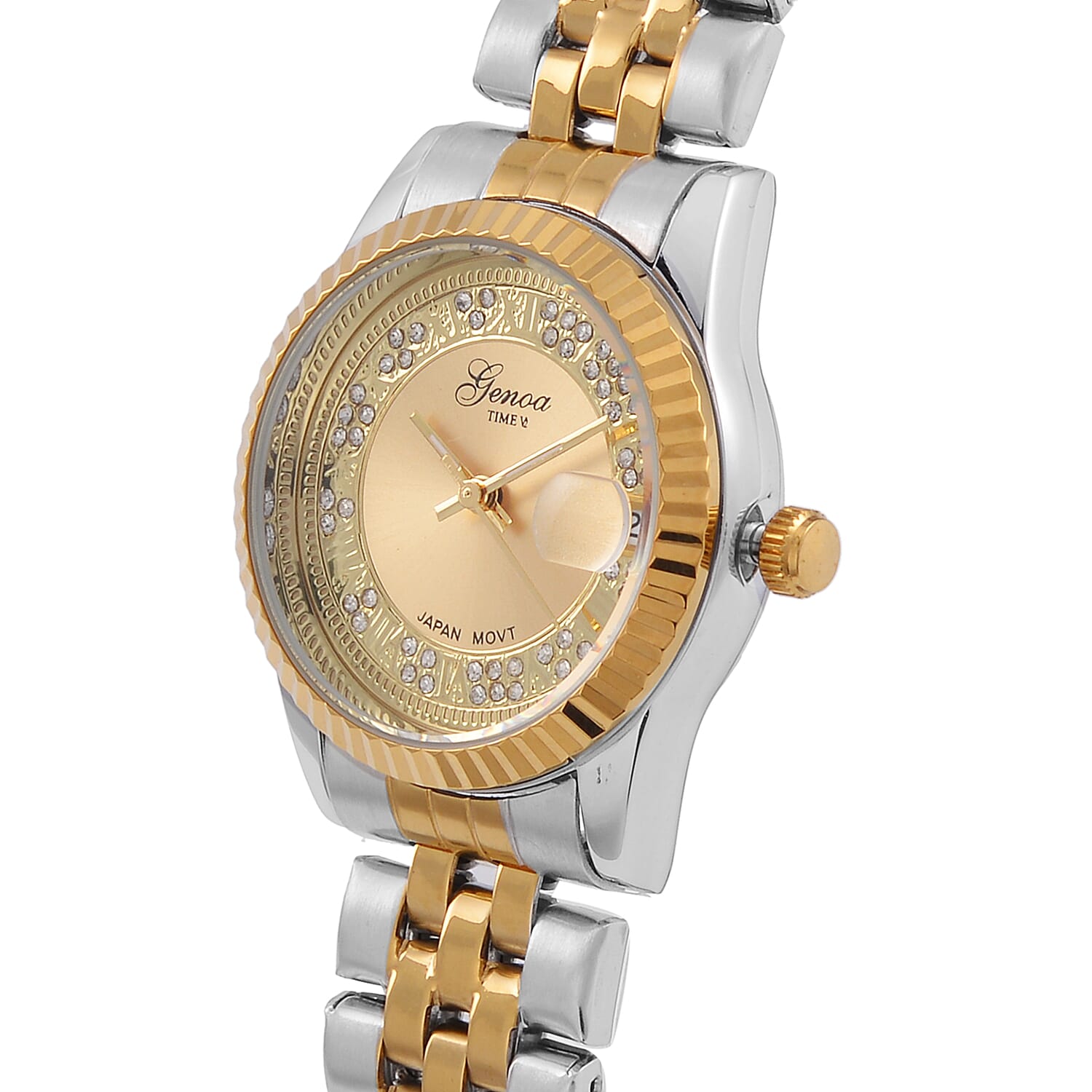 Designer Inspired- GENOA TIME V2 Japan Movt. Gold Sunshine Literal Crystal Studded Dial 3 ATM WR Watch with Stainless Steel Chain Strap in Dual Tone