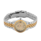 Designer Inspired- GENOA TIME V2 Japan Movt. Gold Sunshine Literal Crystal Studded Dial 3 ATM WR Watch with Stainless Steel Chain Strap in Dual Tone
