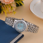 Designer Inspired- GENOA TIME V2 Japan Movt. Blue Sunshine Literal Crystal Studded Dial 3 ATM WR Watch with Stainless Steel Chain Strap