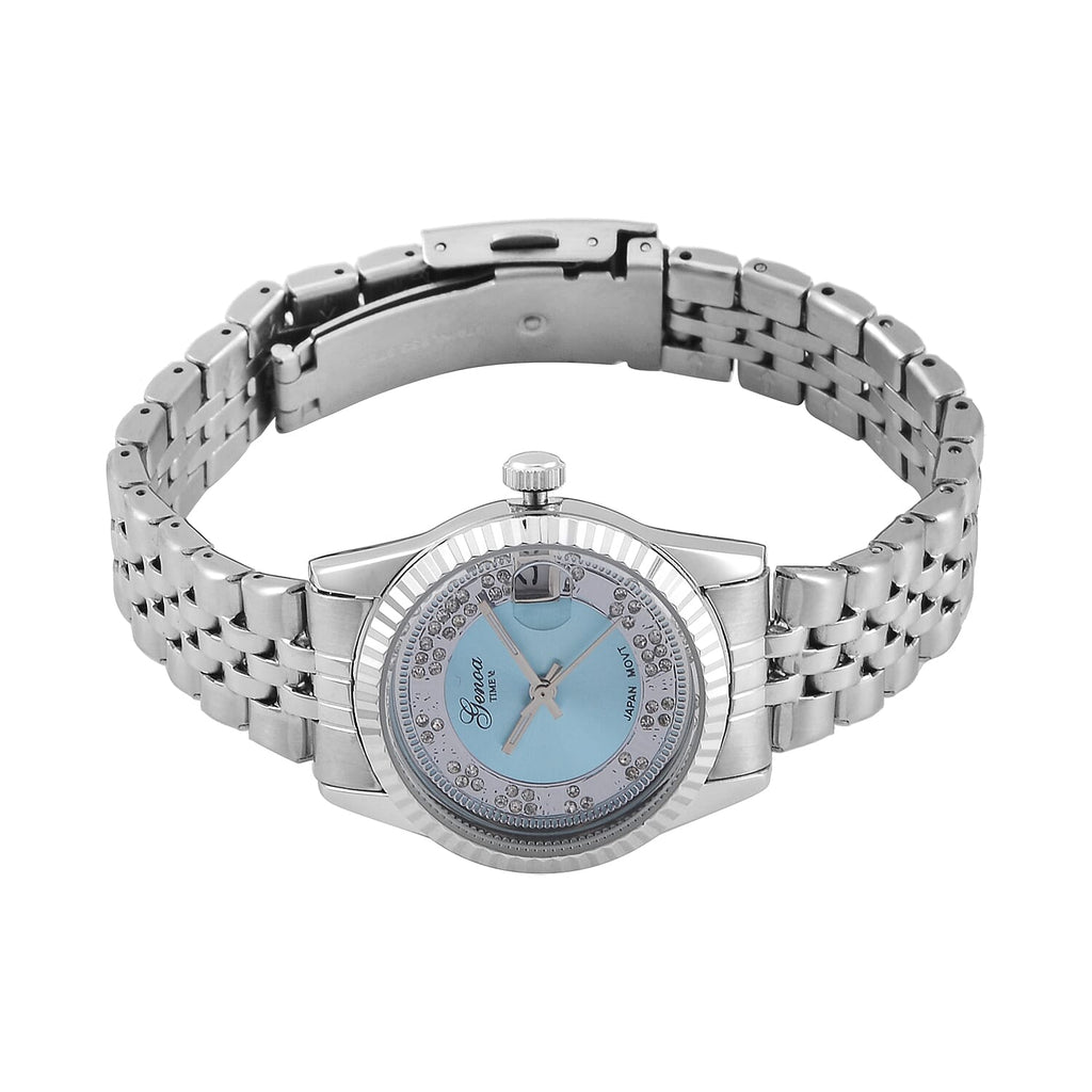 Designer Inspired- GENOA TIME V2 Japan Movt. Blue Sunshine Literal Crystal Studded Dial 3 ATM WR Watch with Stainless Steel Chain Strap