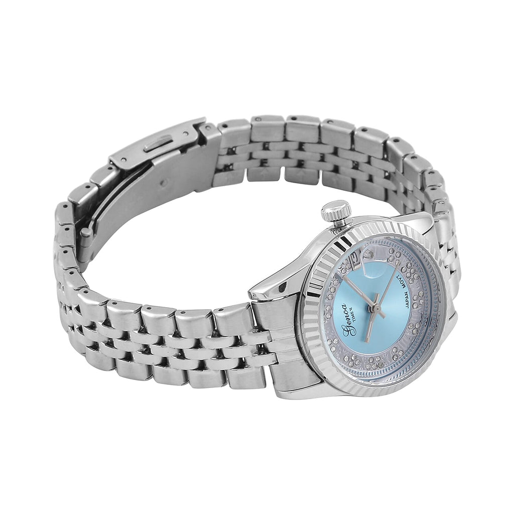 Designer Inspired- GENOA TIME V2 Japan Movt. Blue Sunshine Literal Crystal Studded Dial 3 ATM WR Watch with Stainless Steel Chain Strap