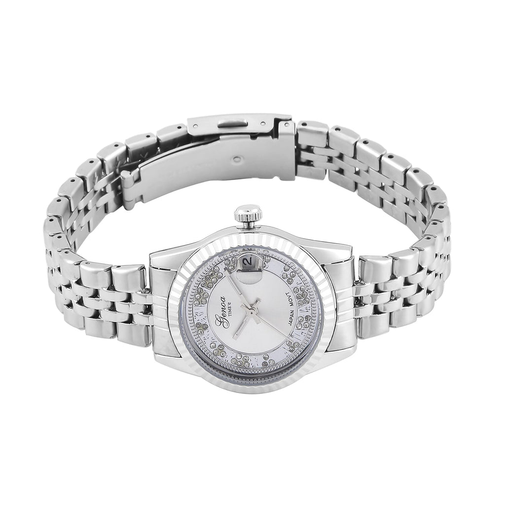 Designer Inspired-GENOA TIME V2 Japan Movt. White Sunshine Literal Crystal Studded Dial 3 ATM WR Watch with Stainless Steel Chain Strap