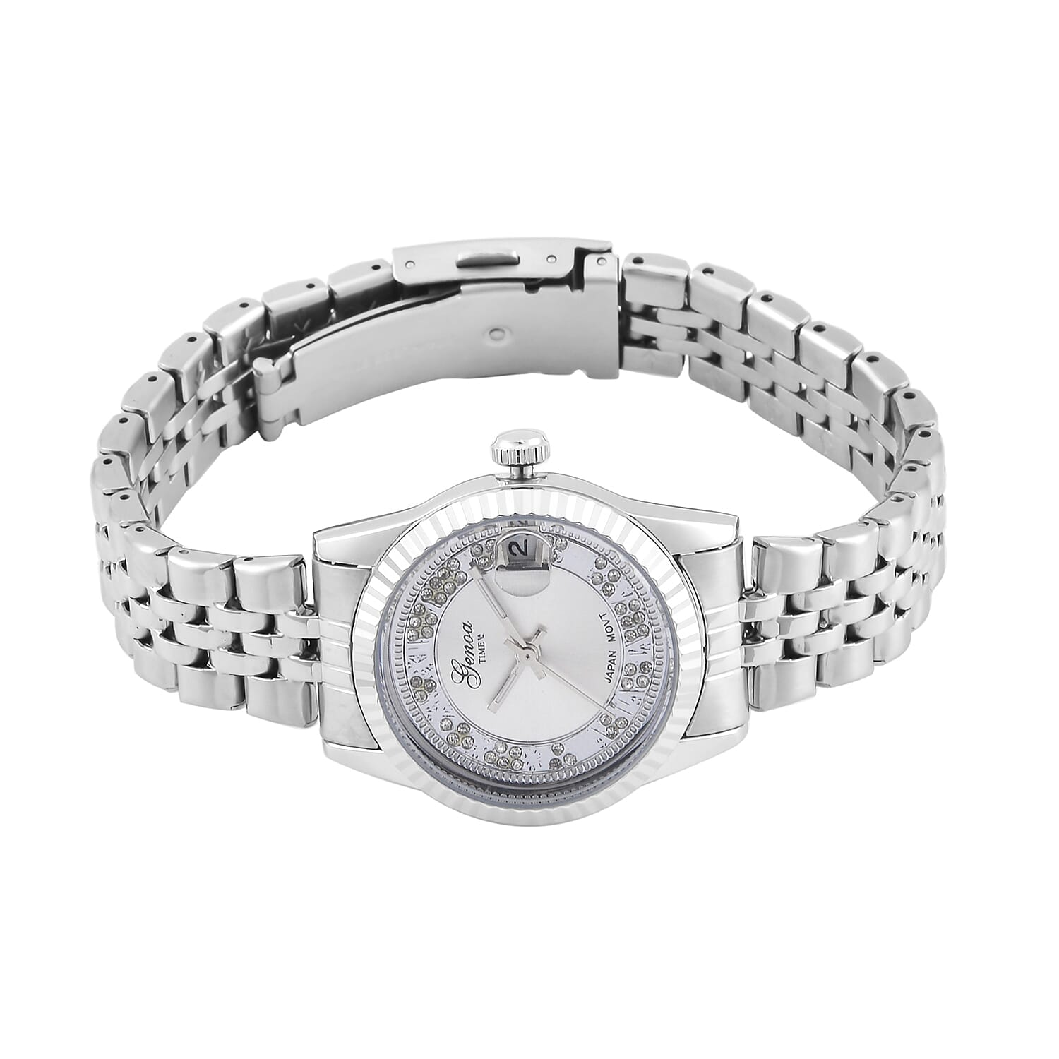 Designer Inspired-GENOA TIME V2 Japan Movt. White Sunshine Literal Crystal Studded Dial 3 ATM WR Watch with Stainless Steel Chain Strap